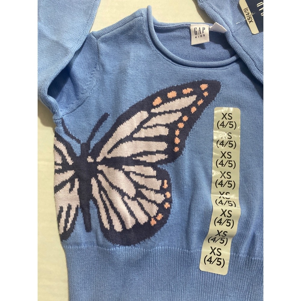 Gap Kids Blue Butterfly 100% Cotton Knit Girl's Sweater XS 4/5 Long Sleeve #3 - Picture 3 of 6